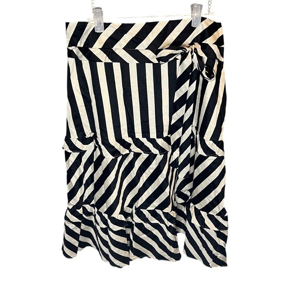 Ann Taylor LOFT Black White Stripe Wrap Midi Skirt Size 4 Cotton